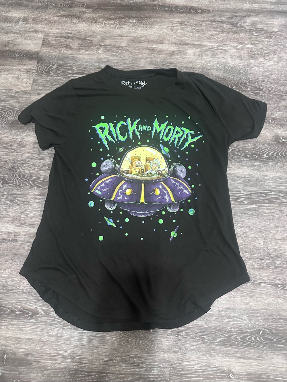 Hybrid Apparel Black Rick and Morty Graphic Tee with Green and Purple Accents